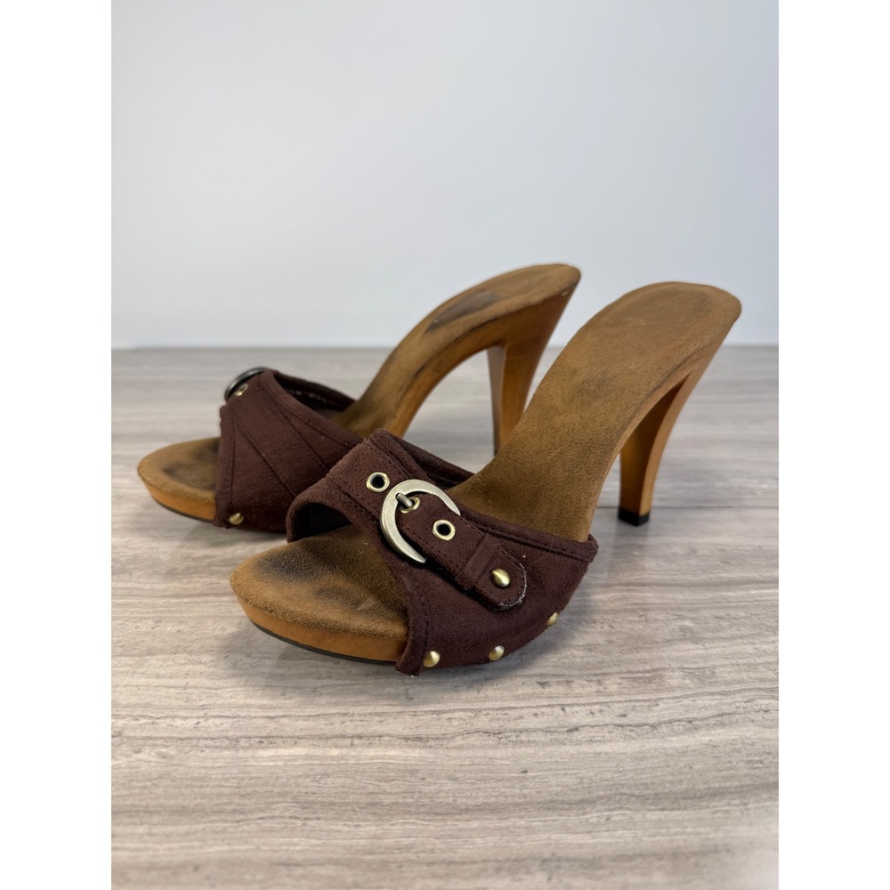 White Mountain Mules Wooden Heel Brown Buckle Vintage Y2K Retro Sandals 6.5